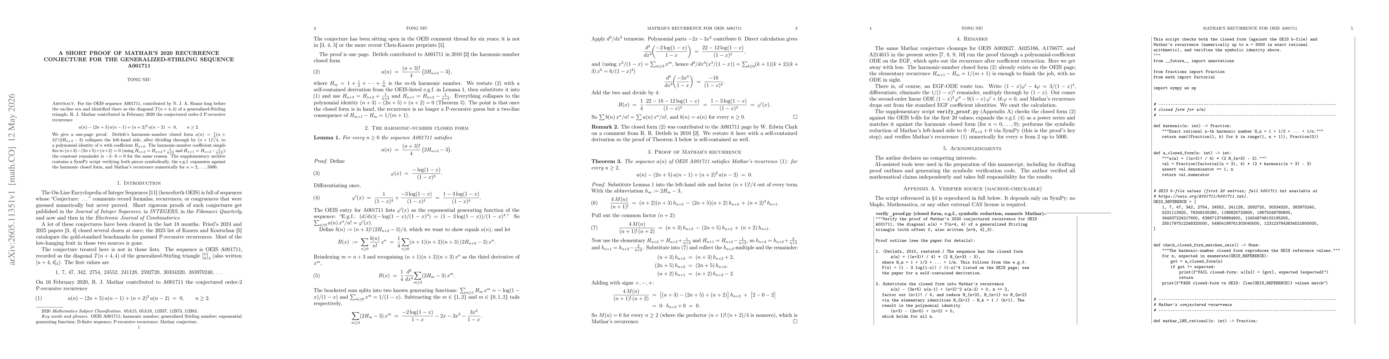Thumbnail for A short proof of Mathar's 2020 recurrence conjecture for the generalized-Stirling sequence A001711