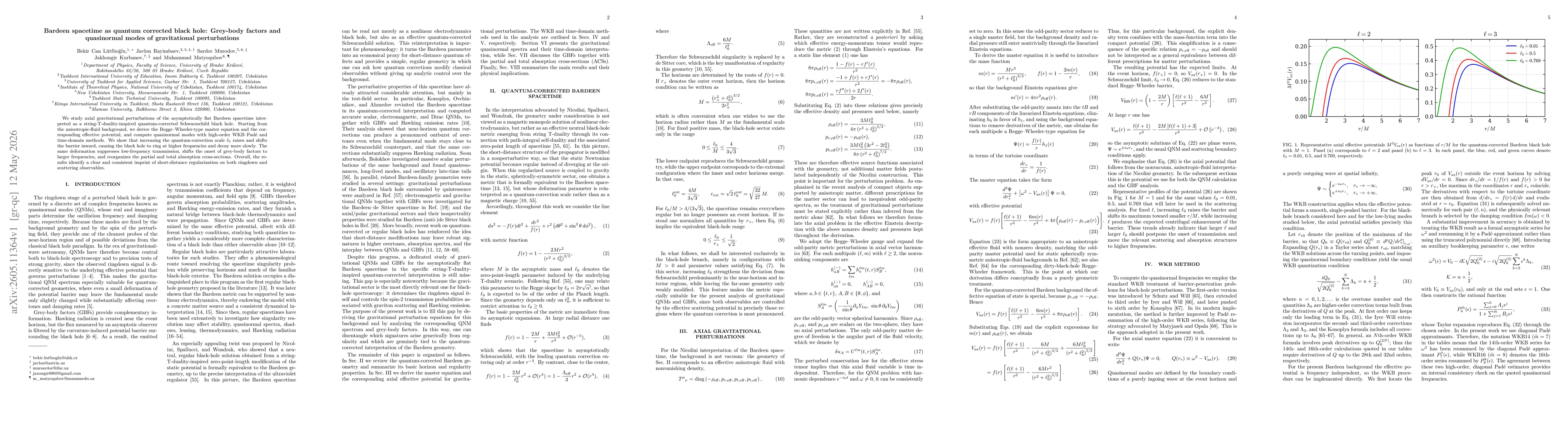 Thumbnail for Bardeen spacetime as quantum corrected black hole: Grey-body factors and quasinormal modes of gravitational perturbations