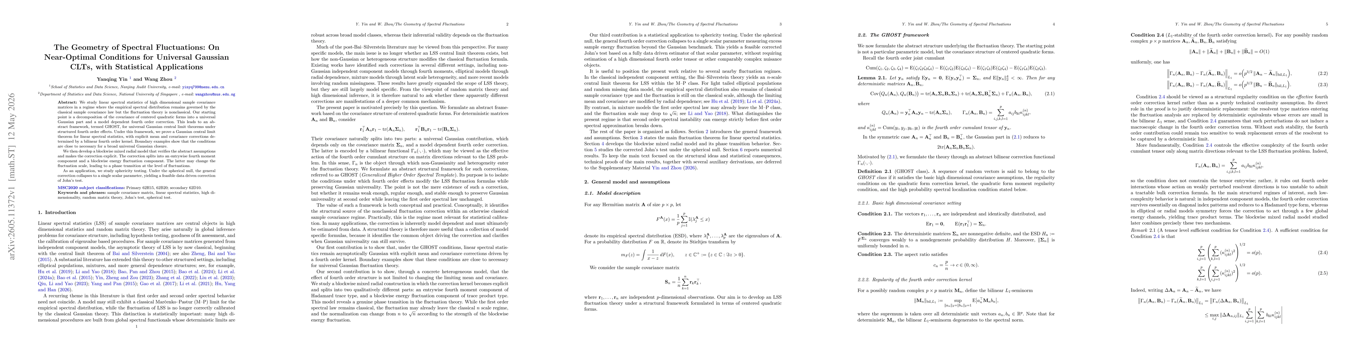 Thumbnail for The Geometry of Spectral Fluctuations: On Near-Optimal Conditions for Universal Gaussian CLTs, with Statistical Applications