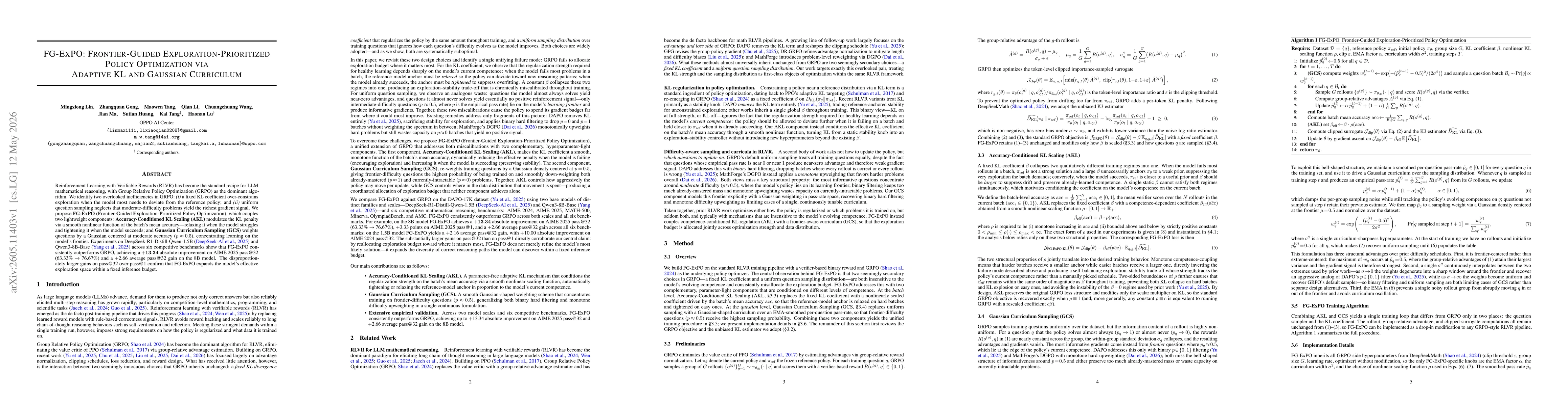 Thumbnail for fg-expo: Frontier-guided exploration-prioritized policy optimization via adaptive kl and gaussian curriculum