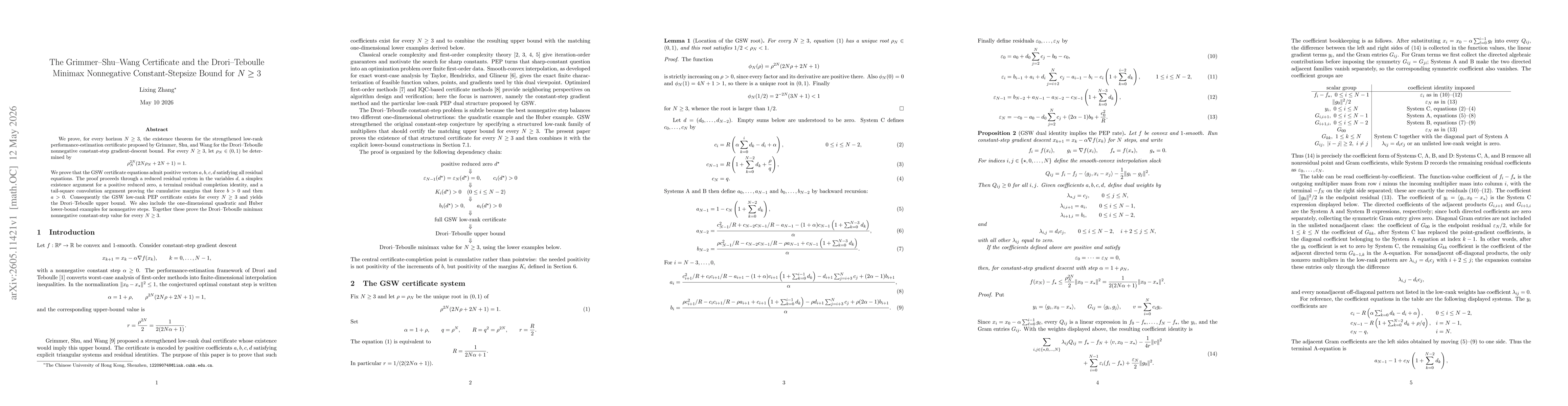 Thumbnail for The Grimmer-Shu-Wang Certificate and the Drori-Teboulle Minimax Nonnegative Constant-Stepsize Bound for N >= 3