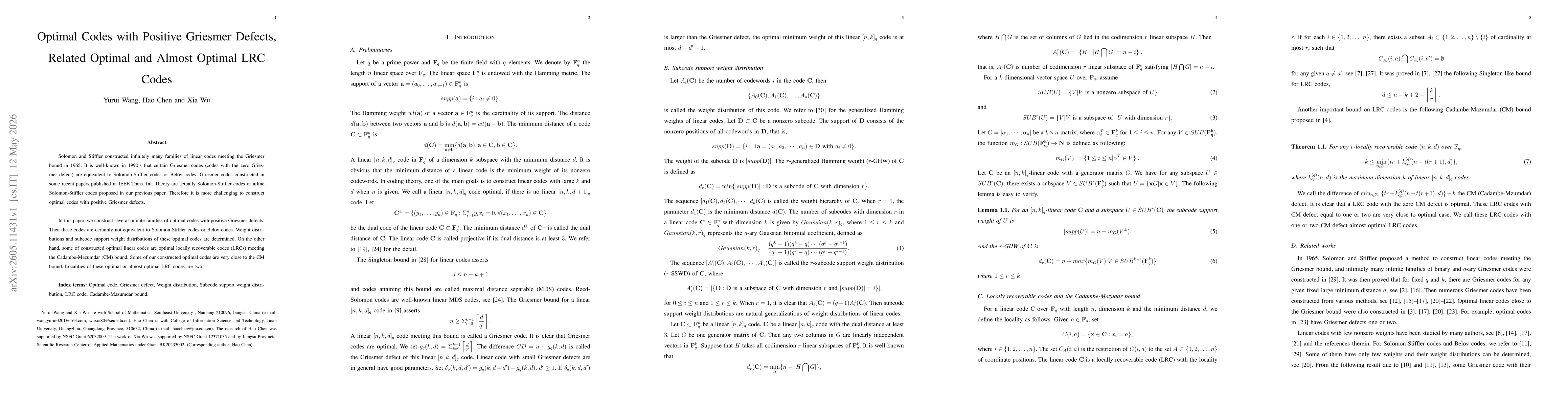 Thumbnail for Optimal Codes with Positive Griesmer Defects, Related Optimal and Almost Optimal LRC Codes