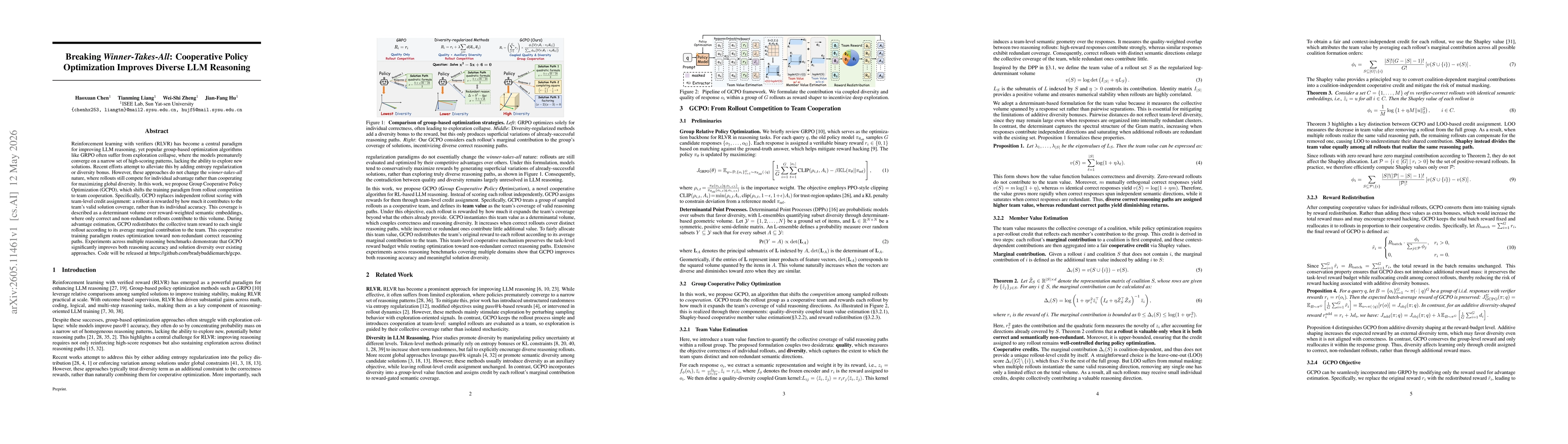 Thumbnail for Breaking $\textit{Winner-Takes-All}$: Cooperative Policy Optimization Improves Diverse LLM Reasoning