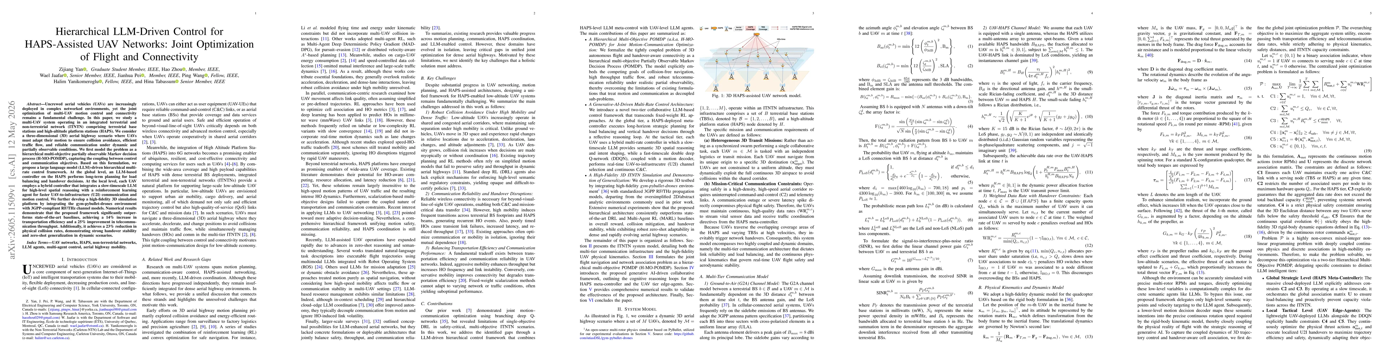 Thumbnail for Hierarchical LLM-Driven Control for HAPS-Assisted UAV Networks: Joint Optimization of Flight and Connectivity