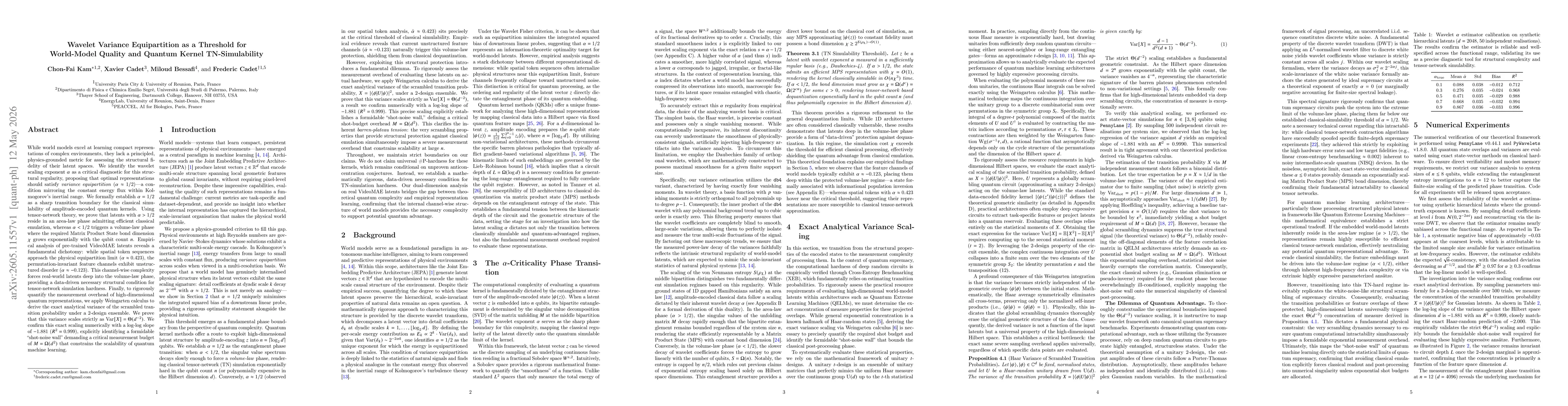 Thumbnail for Wavelet Variance Equipartition as a Threshold for World-Model Quality and Quantum Kernel TN-Simulability