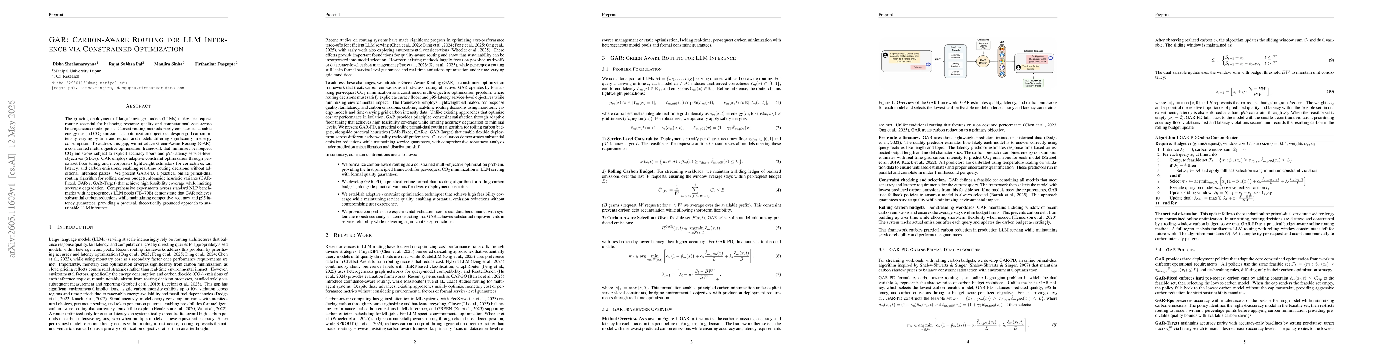 Thumbnail for GAR: Carbon-Aware Routing for LLM Inference via Constrained Optimization