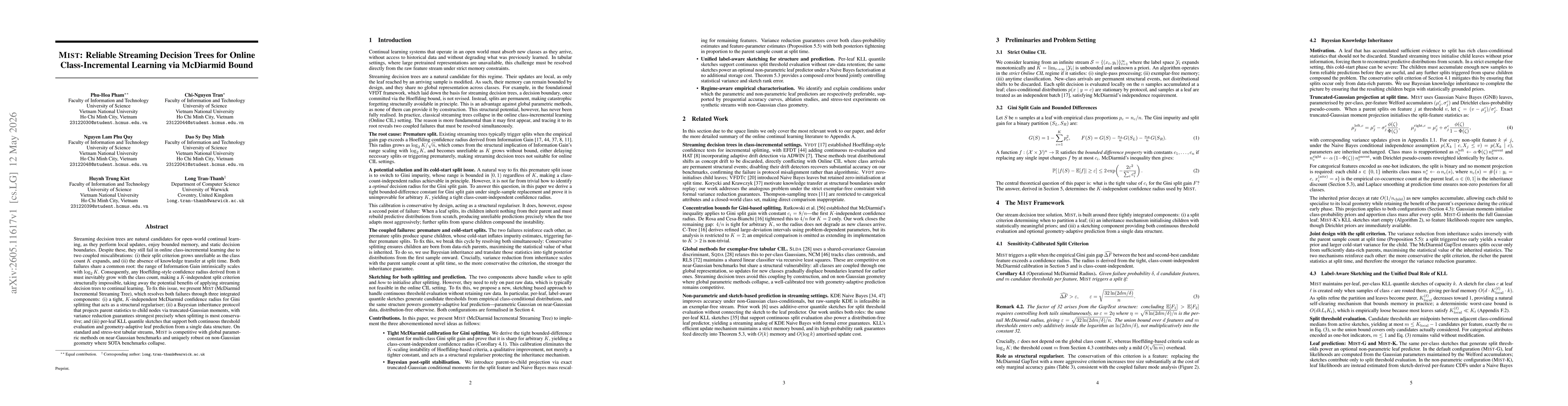 Thumbnail for MIST: Reliable Streaming Decision Trees for Online Class-Incremental Learning via McDiarmid Bound