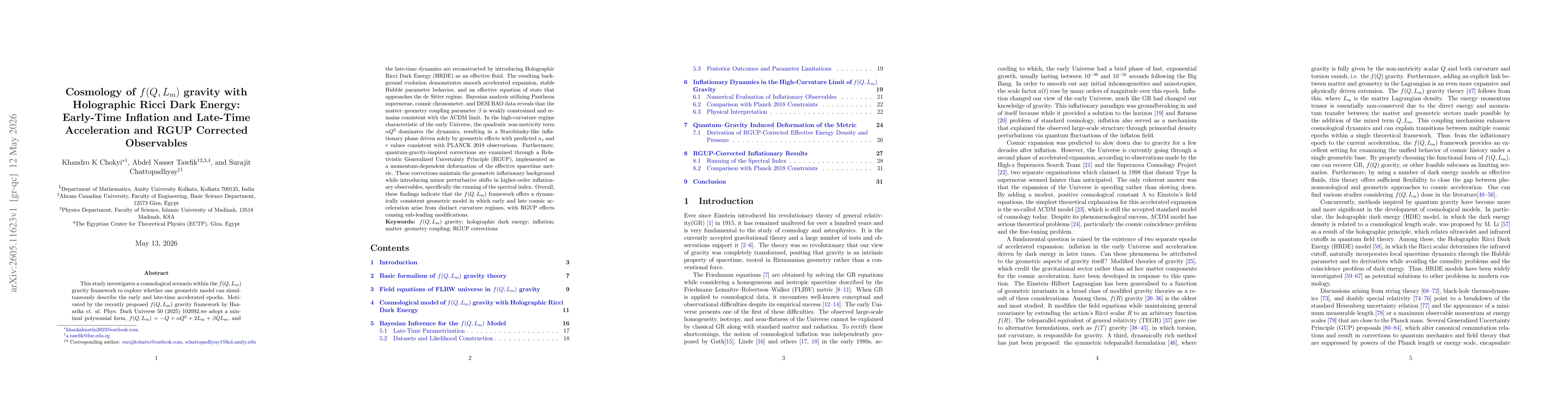 Thumbnail for Cosmology of f(Q,L_m) gravity with Holographic Ricci Dark Energy: Early-Time Inflation and Late-Time Acceleration and RGUP Corrected Observables