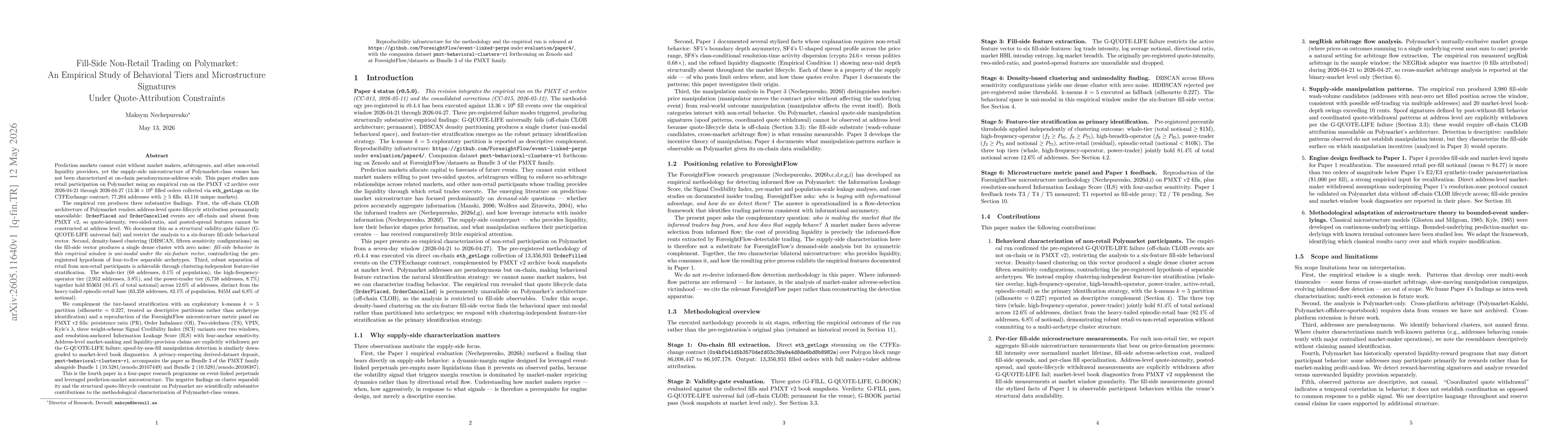 Thumbnail for Fill-Side Non-Retail Trading on Polymarket: An Empirical Study of Behavioral Tiers and Microstructure Signatures Under Quote-Attribution Constraints