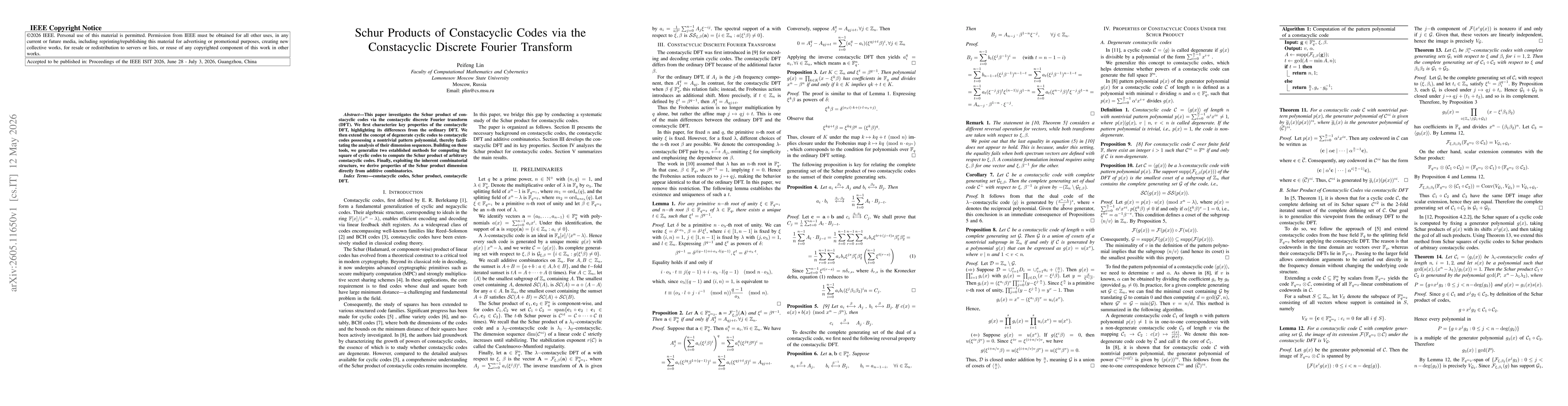 Thumbnail for Schur Products of Constacyclic Codes via the Constacyclic Discrete Fourier Transform