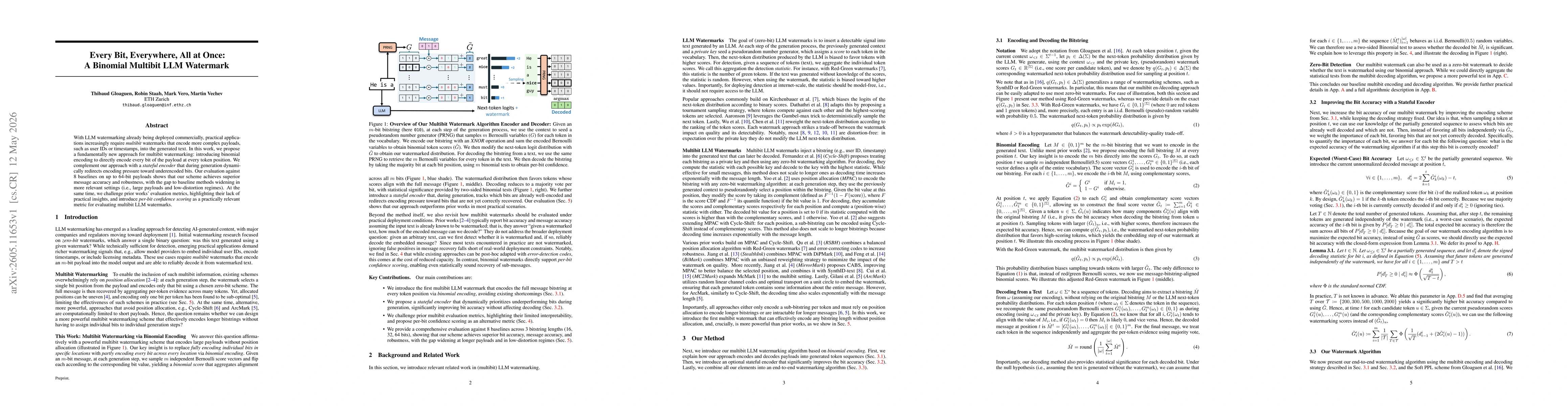 Thumbnail for Every Bit, Everywhere, All at Once: A Binomial Multibit LLM Watermark