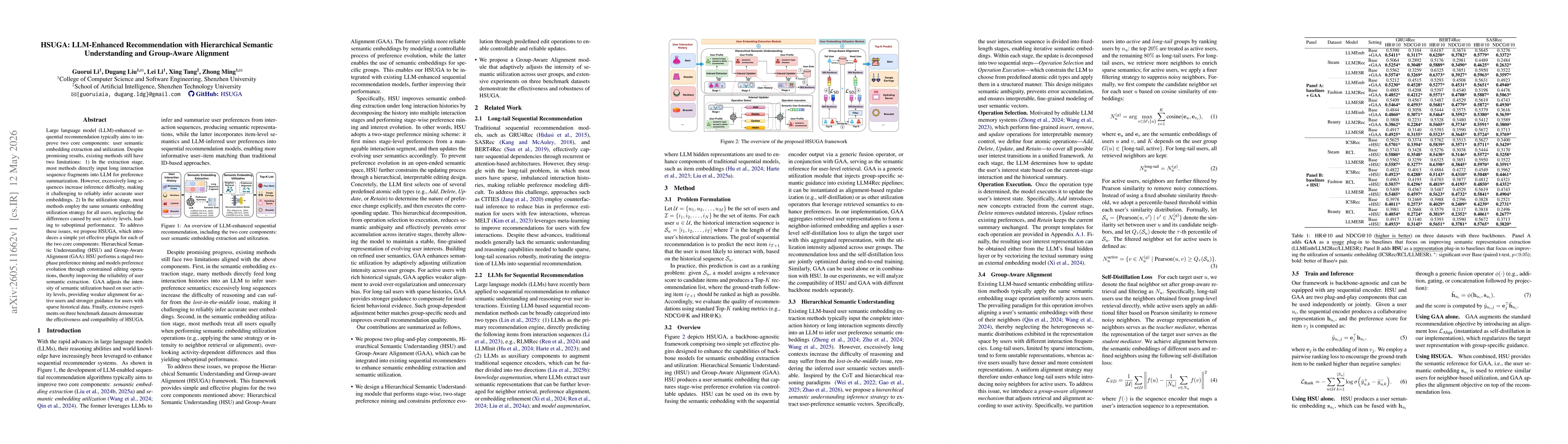 Thumbnail for HSUGA: LLM-Enhanced Recommendation with Hierarchical Semantic Understanding and Group-Aware Alignment