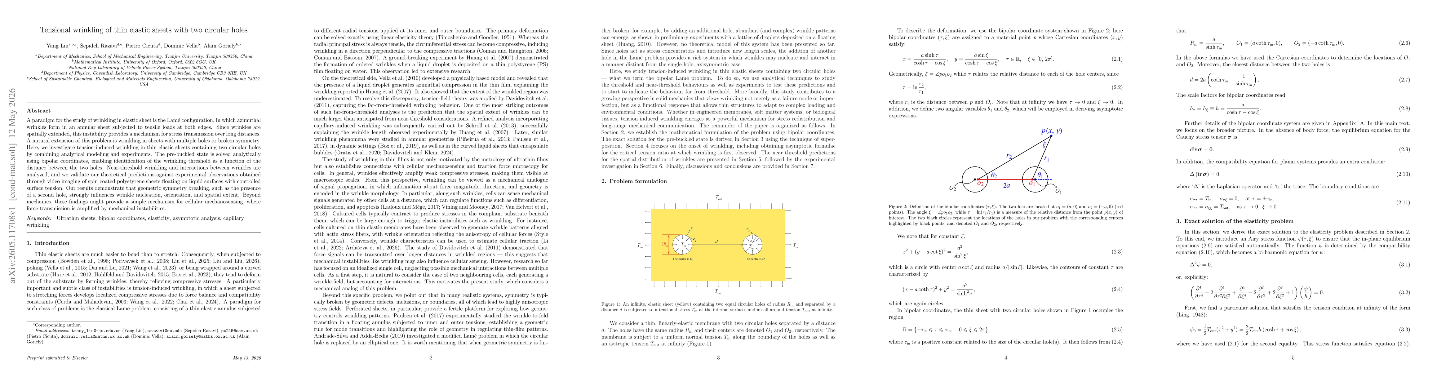 Thumbnail for Tensional wrinkling of thin elastic sheets with two circular holes