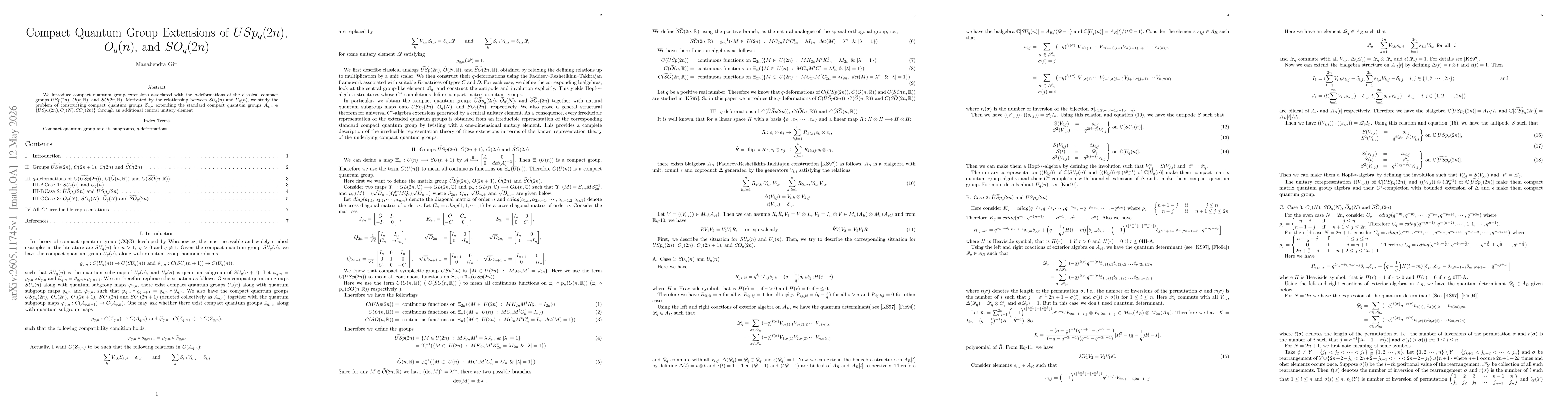 Thumbnail for Compact Quantum Group Extensions of $USp_q(2n)$, $O_q(n)$ and $SO_q(2n)$