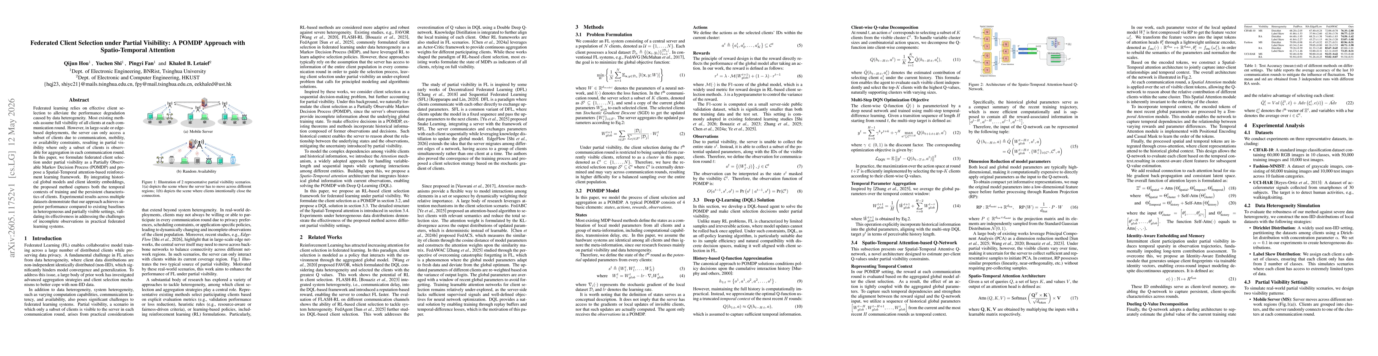 Thumbnail for Federated Client Selection under Partial Visibility: A POMDP Approach with Spatio-Temporal Attention