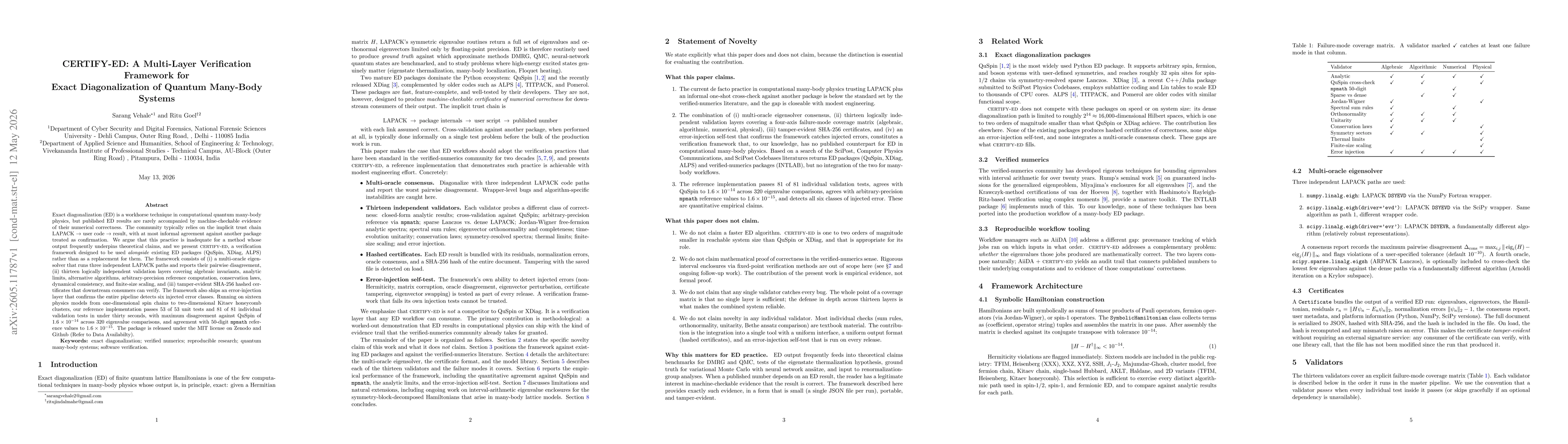 Thumbnail for CERTIFY-ED: A Multi-Layer Verification Framework for Exact Diagonalization of Quantum Many-Body Systems