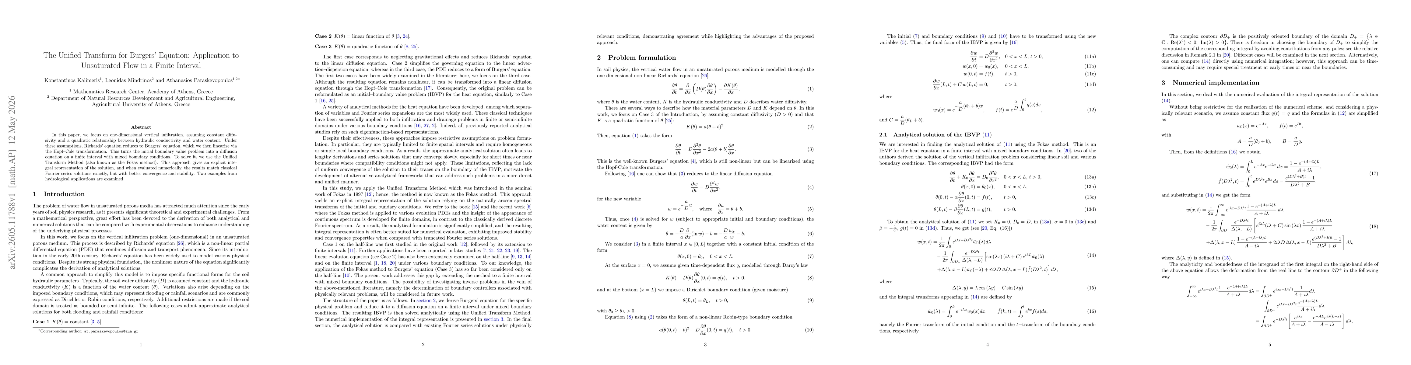 Thumbnail for The unified transform for Burgers' equation: Application to unsaturated flow in finite interval