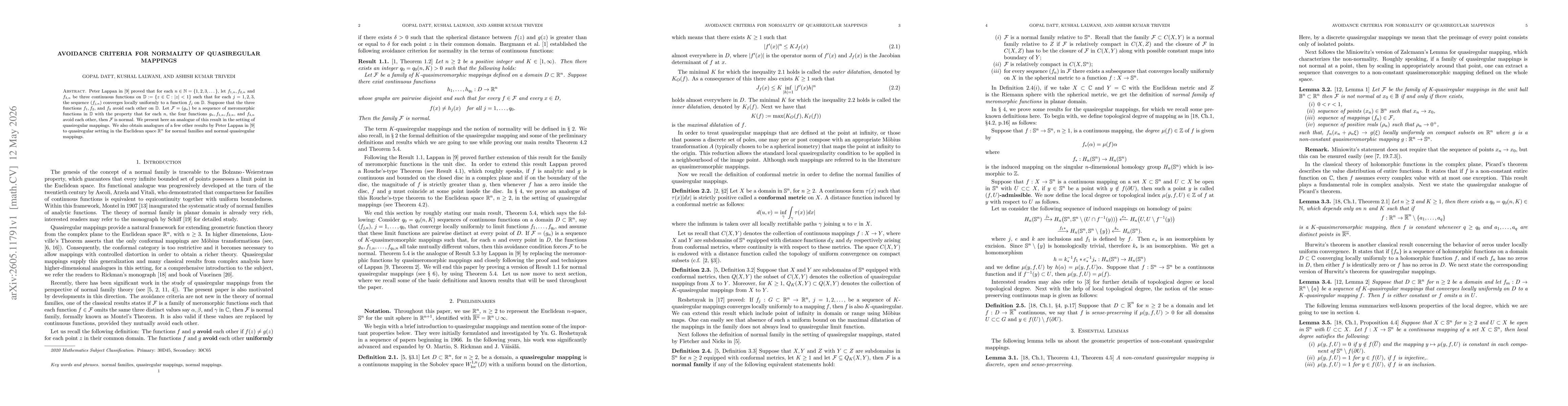 Thumbnail for Avoidance criteria for normality of quasiregular mappings