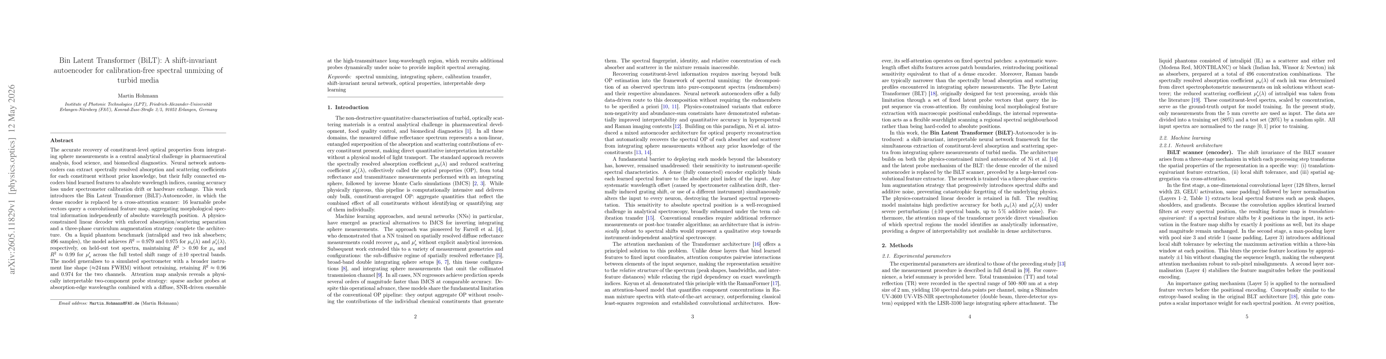 Thumbnail for Bin Latent Transformer (BiLT): A shift-invariant autoencoder for calibration-free spectral unmixing of turbid media