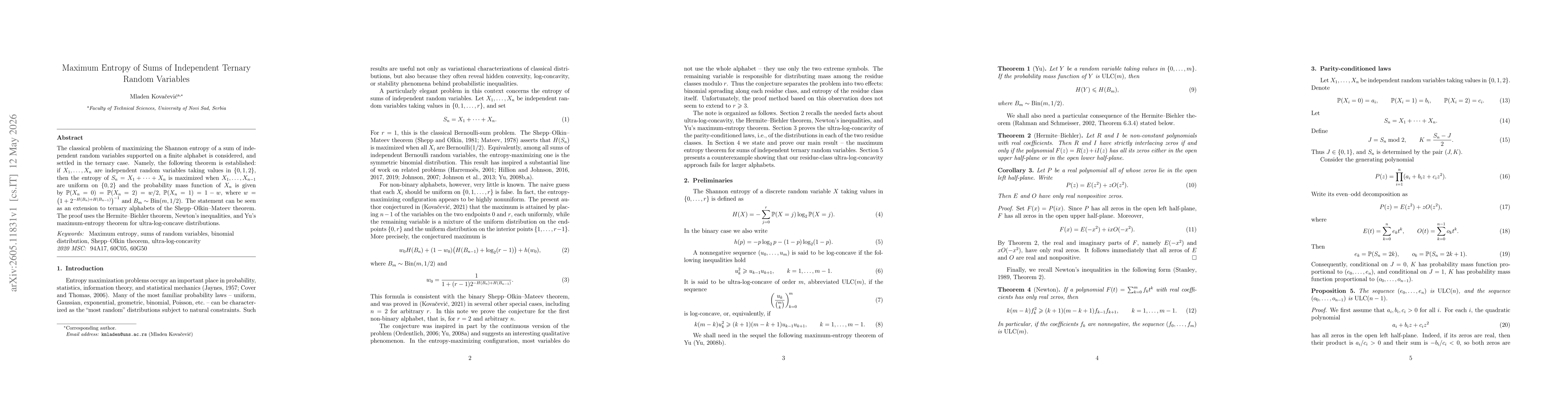 Thumbnail for Maximum Entropy of Sums of Independent Ternary Random Variables