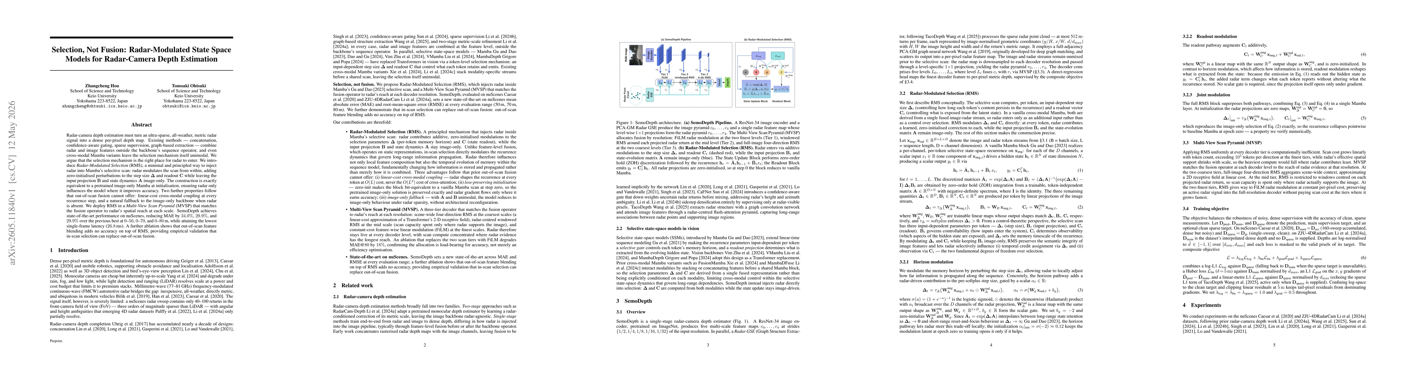 Thumbnail for Selection, Not Fusion: Radar-Modulated State Space Models for Radar-Camera Depth Estimation