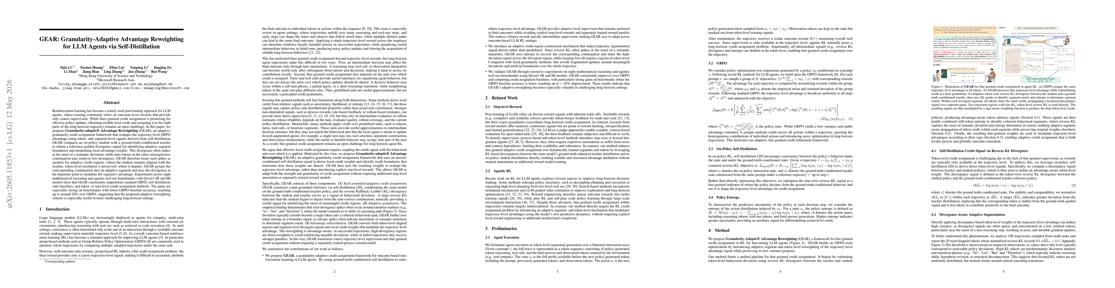 Thumbnail for GEAR: Granularity-Adaptive Advantage Reweighting for LLM Agents via Self-Distillation