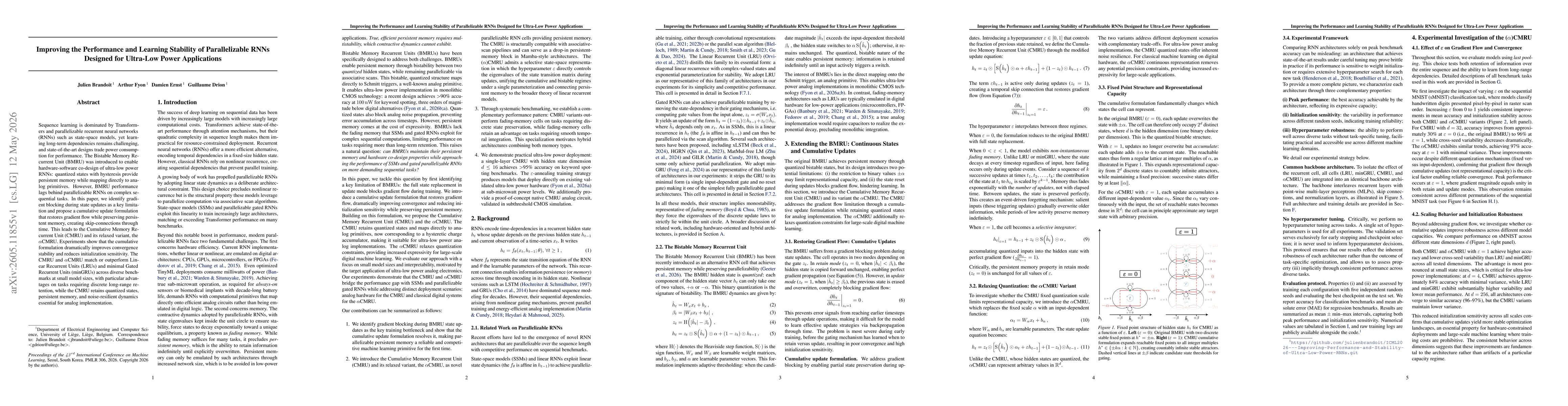 Thumbnail for Improving the Performance and Learning Stability of Parallelizable RNNs Designed for Ultra-Low Power Applications