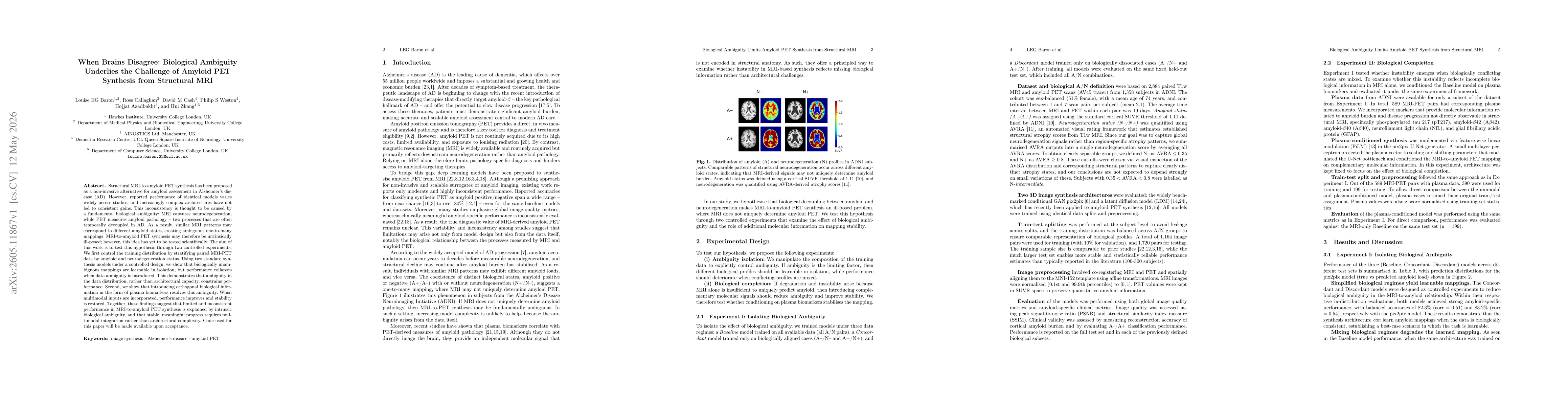 Thumbnail for When Brains Disagree: Biological Ambiguity Underlies the Challenge of Amyloid PET Synthesis from Structural MRI