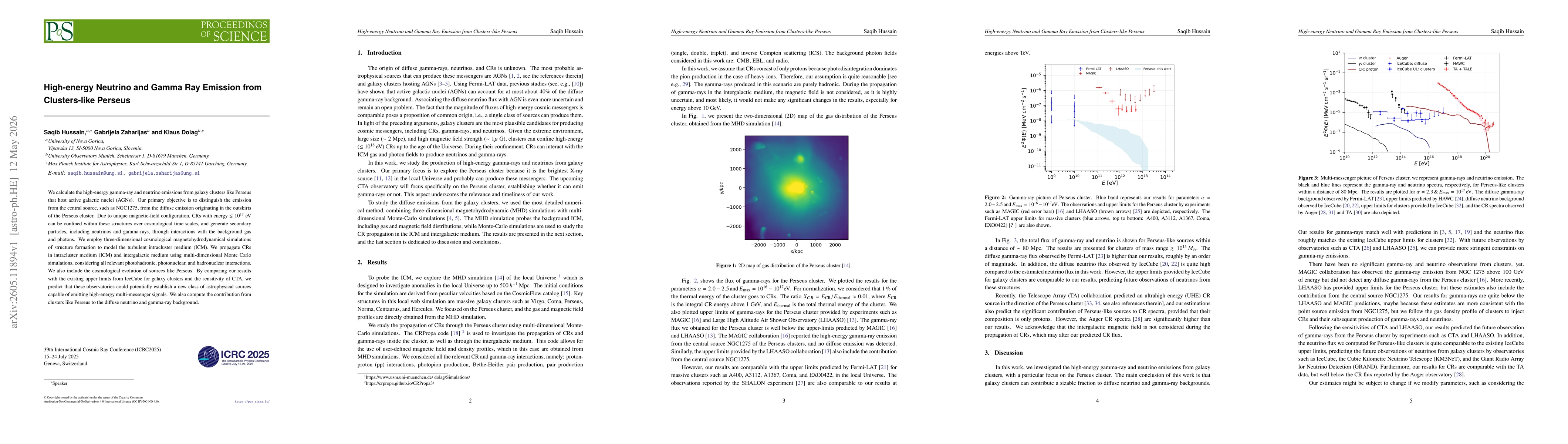 Thumbnail for High-energy Neutrino and Gamma Ray Emission from Clusters-like Perseus