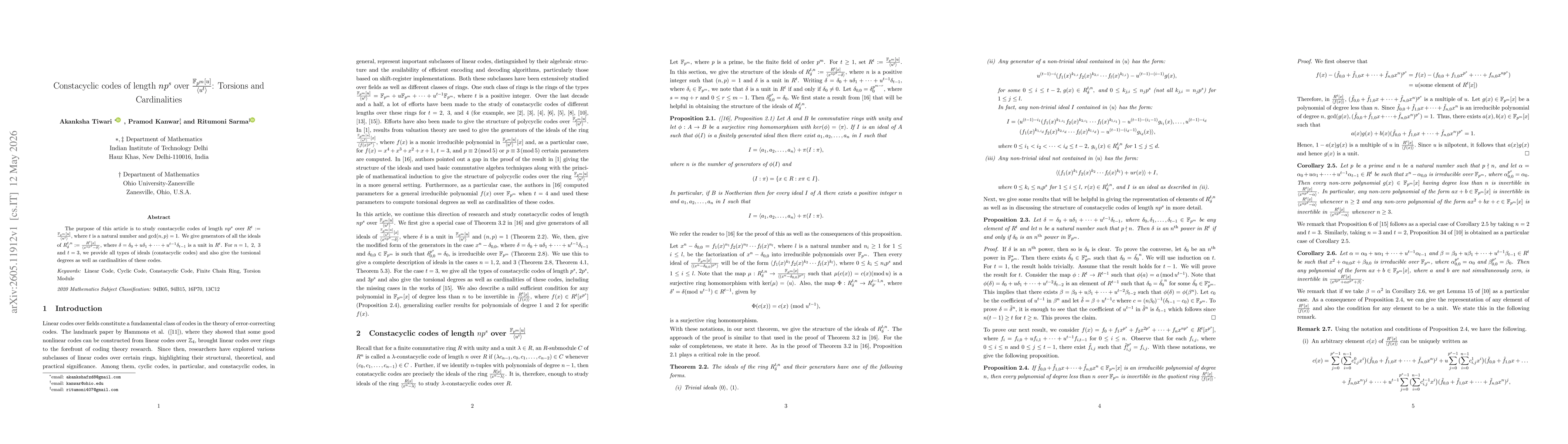 Thumbnail for Constacyclic codes of length $np^s$ over $\frac{\mathbb{F}_{p^m}[u]}{\langle u^t\rangle}$: Torsions and Cardinalities