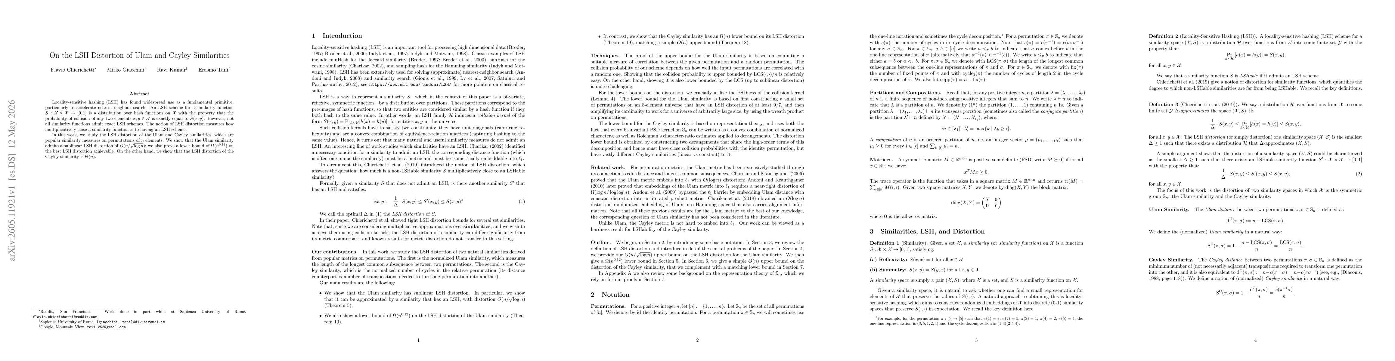 Thumbnail for On the LSH Distortion of Ulam and Cayley Similarities