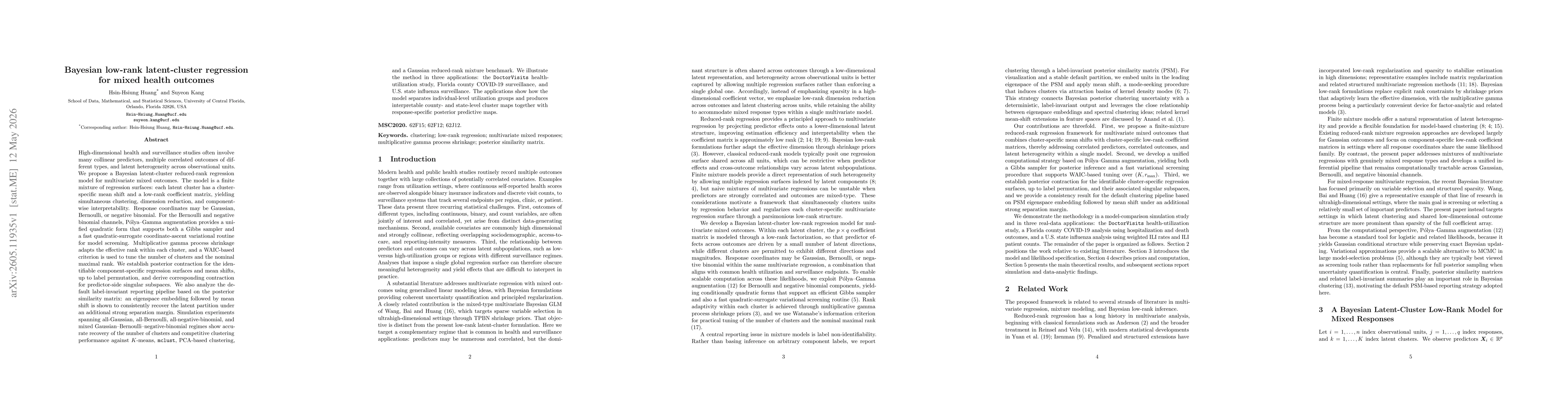 Thumbnail for Bayesian low-rank latent-cluster regression for mixed health outcomes