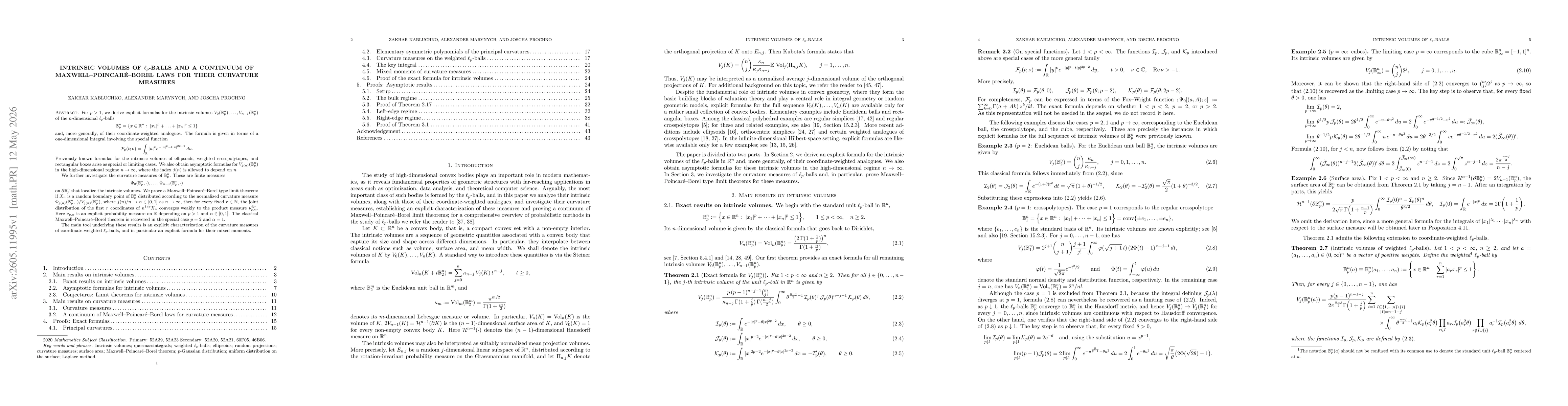 Thumbnail for Intrinsic volumes of $\ell_p$-balls and a continuum of Maxwell--Poincaré--Borel laws for their curvature measures