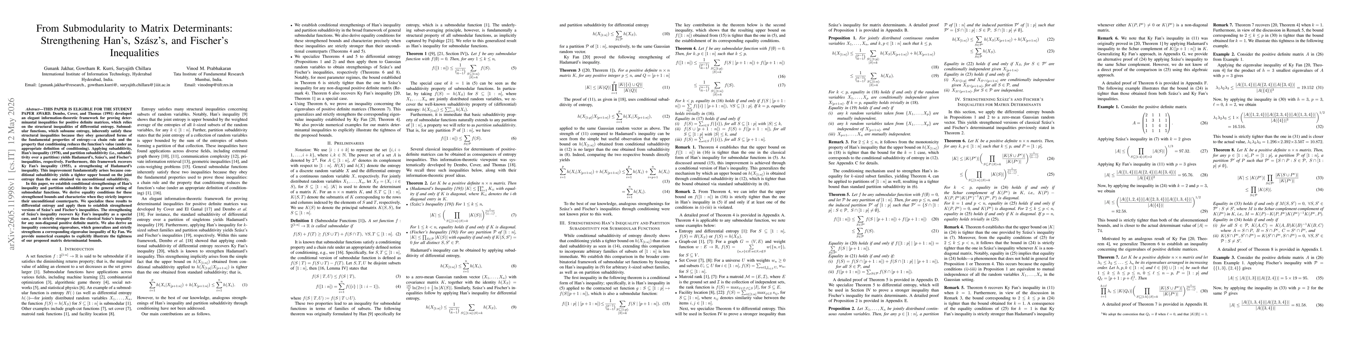 Thumbnail for From Submodularity to Matrix Determinants: Strengthening Han's, Szász's, and Fischer's Inequalities