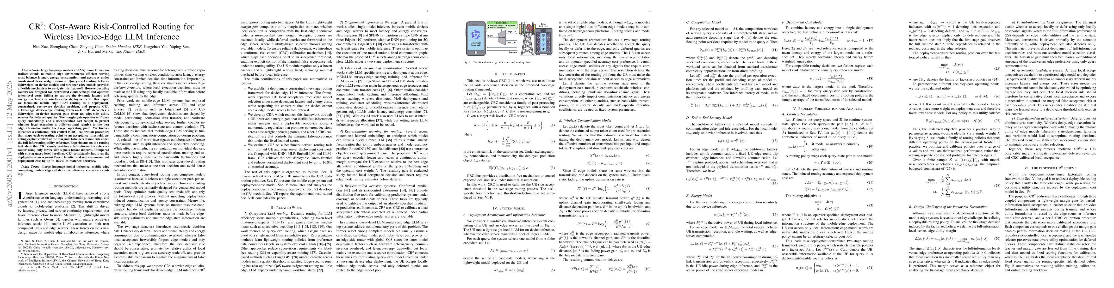 Thumbnail for CR^2: Cost-Aware Risk-Controlled Routing for Wireless Device-Edge LLM Inference