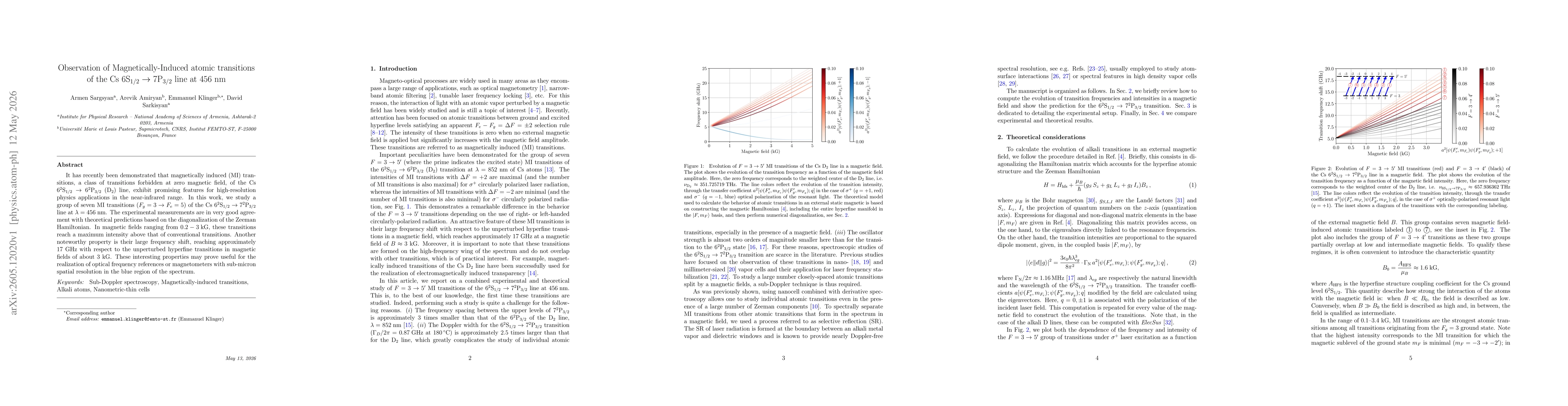 Thumbnail for Observation of Magnetically-Induced atomic transitions of the Cs 6S$_{1/2} \rightarrow 7$P$_{3/2}$ line at 456 nm