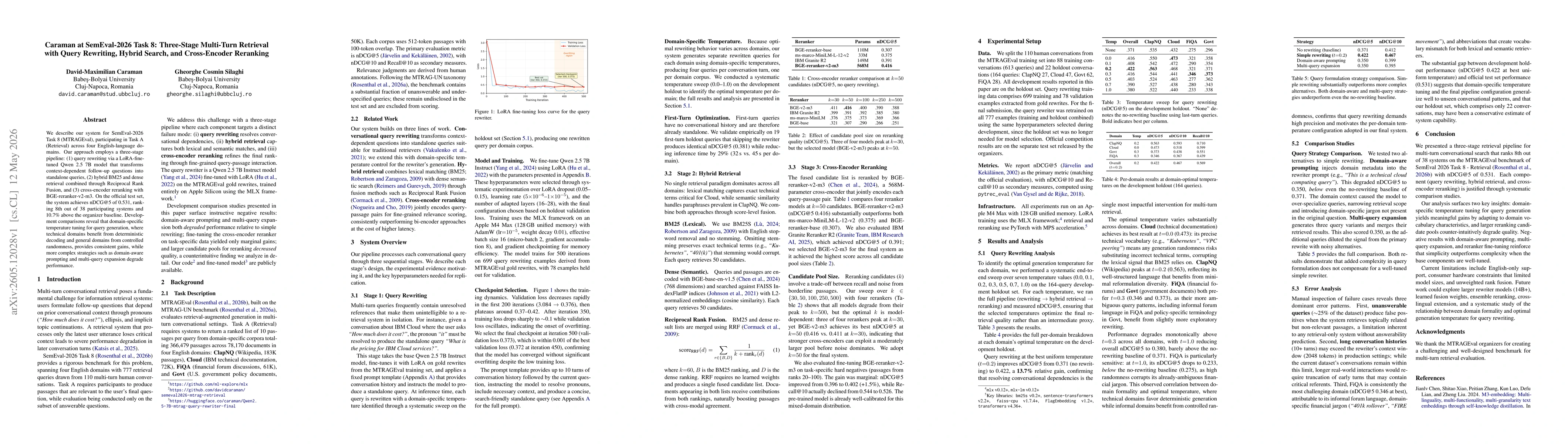 Thumbnail for Caraman at SemEval-2026 Task 8: Three-Stage Multi-Turn Retrieval with Query Rewriting, Hybrid Search, and Cross-Encoder Reranking