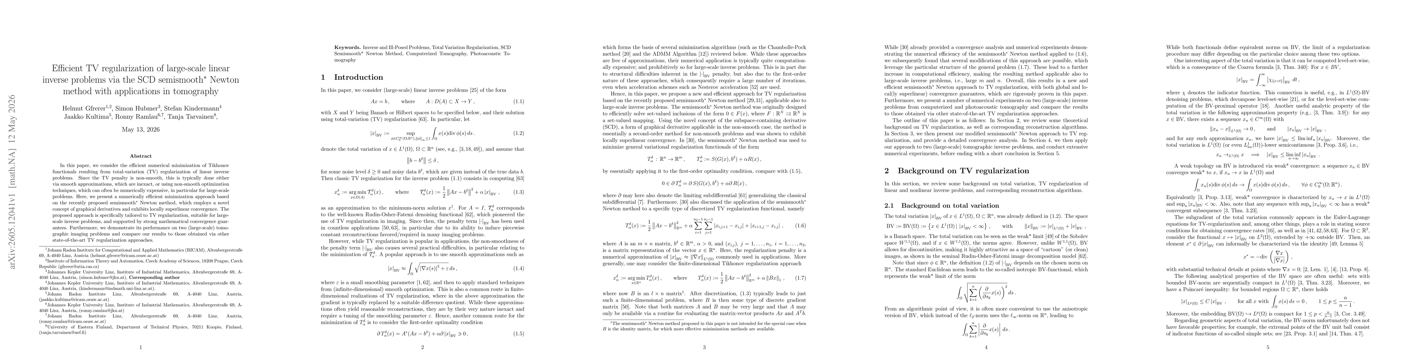 Thumbnail for Efficient TV regularization of large-scale linear inverse problems via the SCD semismooth* Newton method with applications in tomography