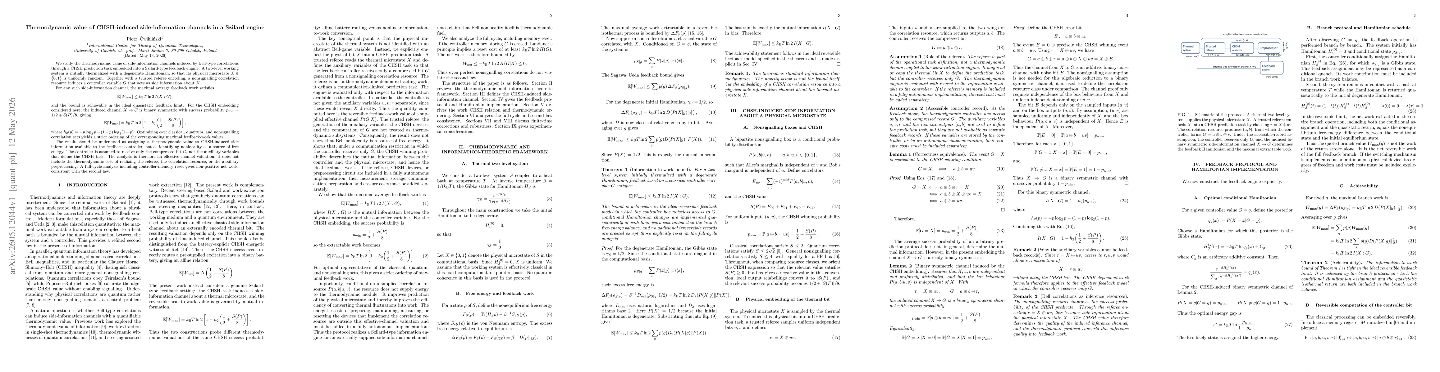 Thumbnail for Thermodynamic value of CHSH-induced side-information channels in a Szilard engine