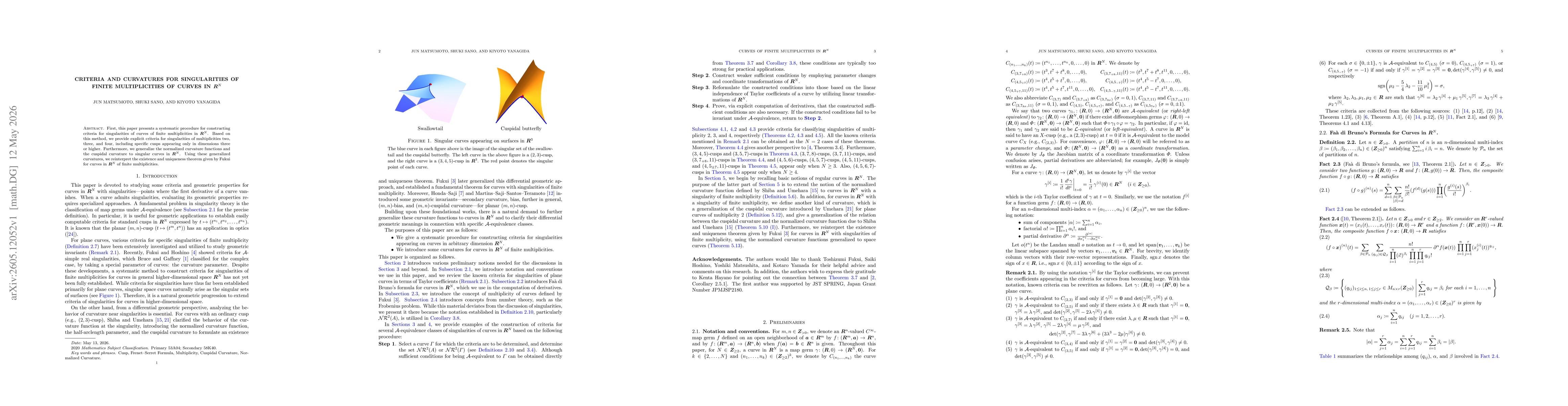 Thumbnail for Criteria and Curvatures for Singularities of Finite Multiplicities of Curves in $\boldsymbol{R}^N$