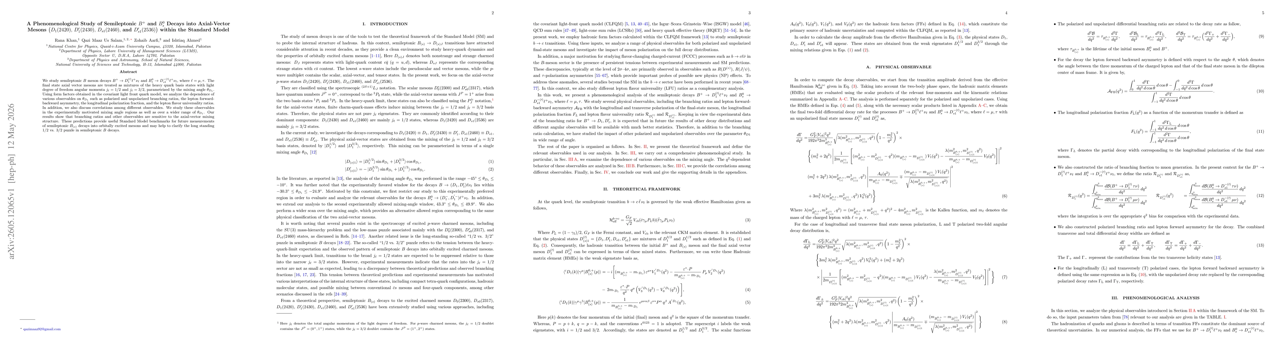 Thumbnail for A Phenomenological Study of Semileptonic $B^+$ and $B_s^0$ Decays into Axial-Vector Mesons $\big(D_1(2420),\, D_1^\prime(2430),\, D_{s1}(2460),\, \text{and } D_{s1}^\prime(2536)\big)$ within the Standard Model