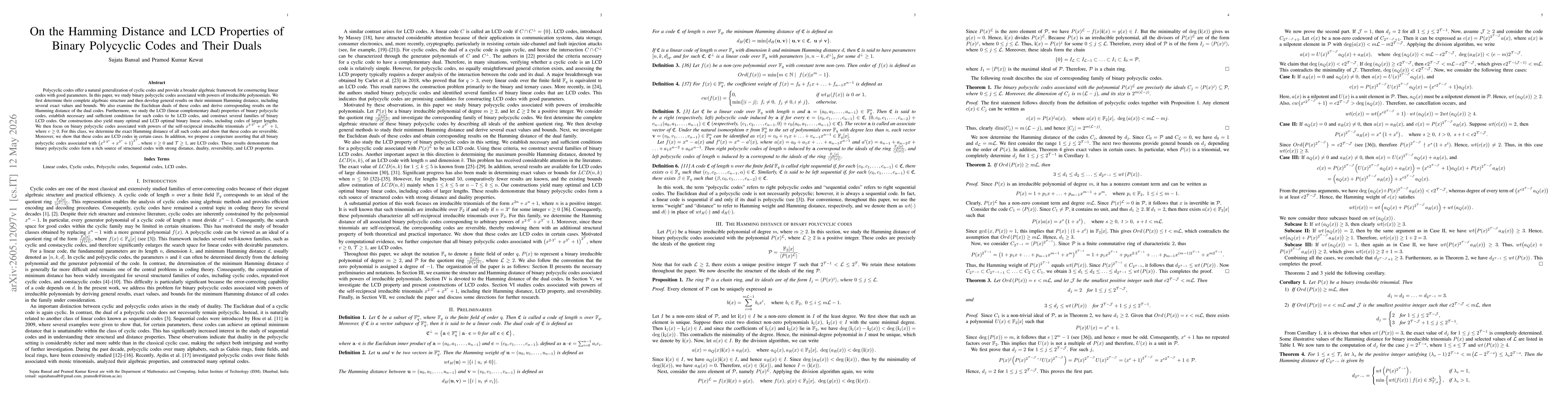 Thumbnail for On the Hamming Distance and LCD Properties of Binary Polycyclic Codes and Their Duals