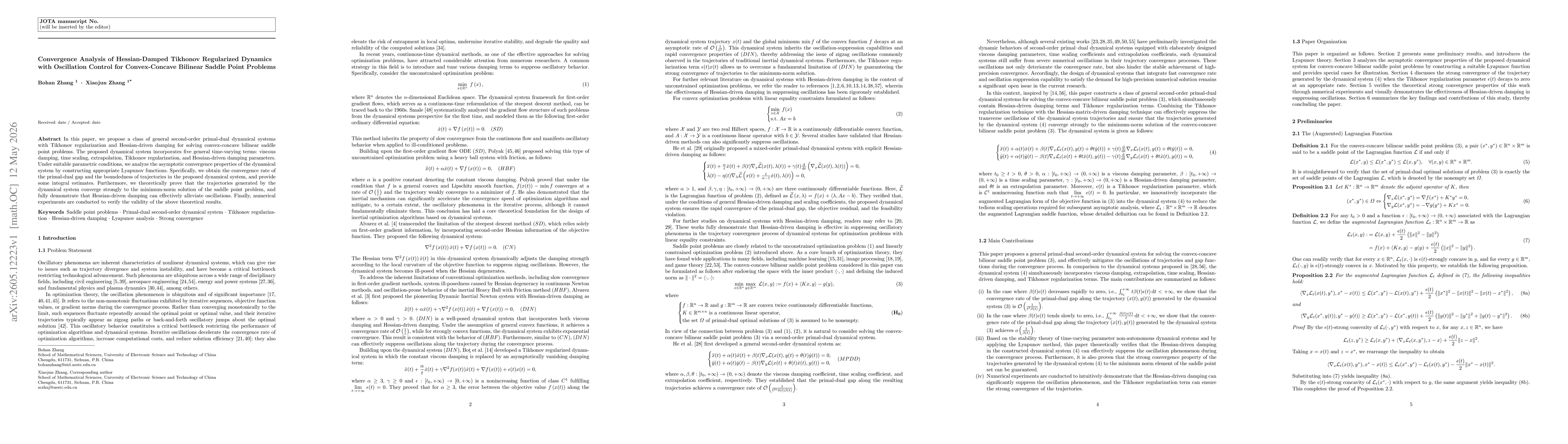 Thumbnail for Convergence Analysis of Hessian-Damped Tikhonov Regularized Dynamics with Oscillation Control for Convex-Concave Bilinear Saddle Point Problems