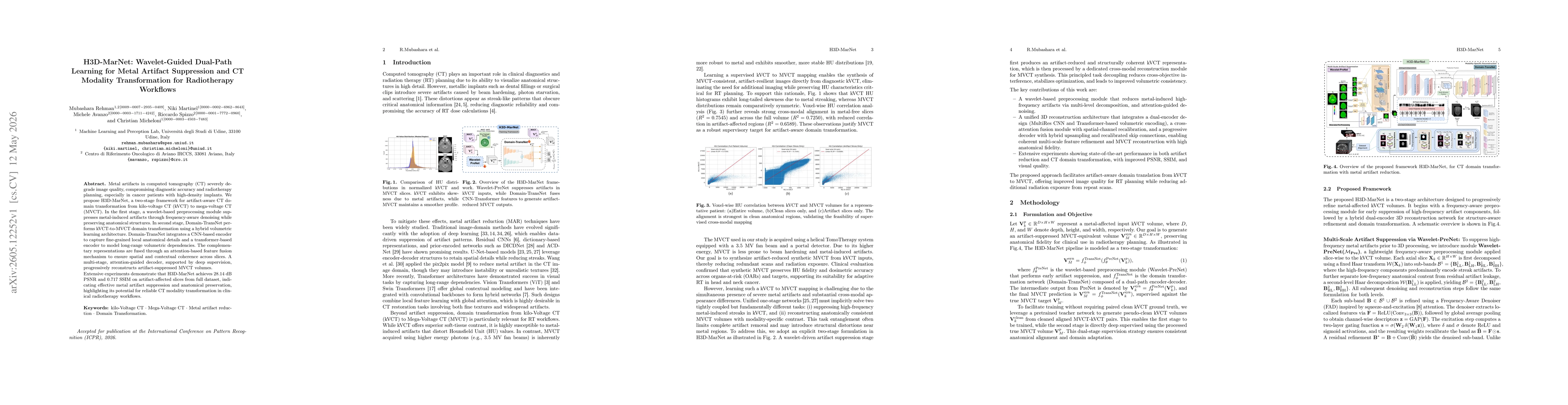 Thumbnail for H3D-MarNet: Wavelet-Guided Dual-Path Learning for Metal Artifact Suppression and CT Modality Transformation for Radiotherapy Workflows