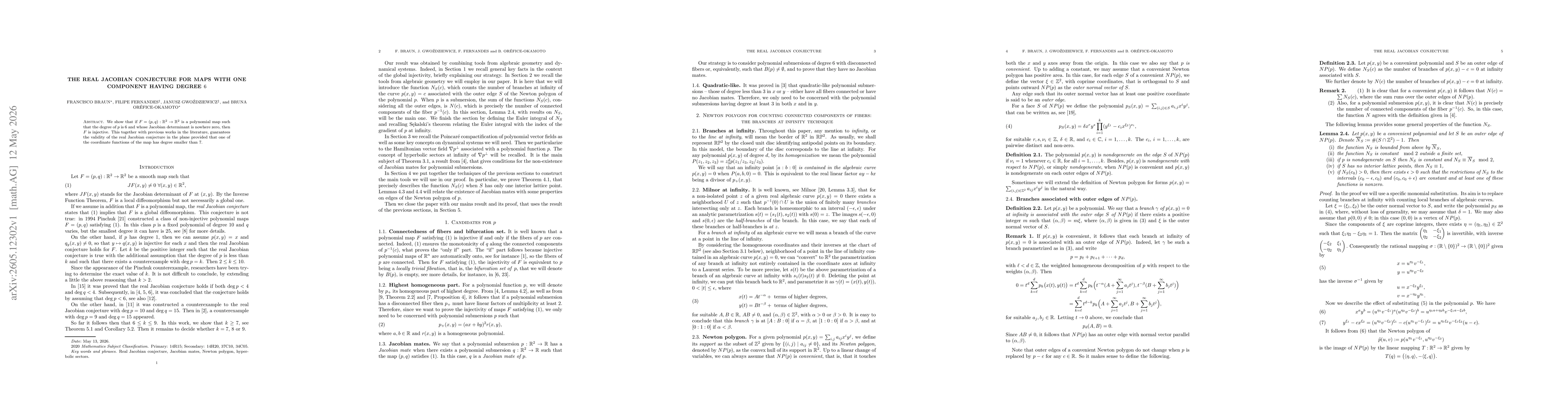 Thumbnail for The real Jacobian conjecture for maps with one component having degree 6