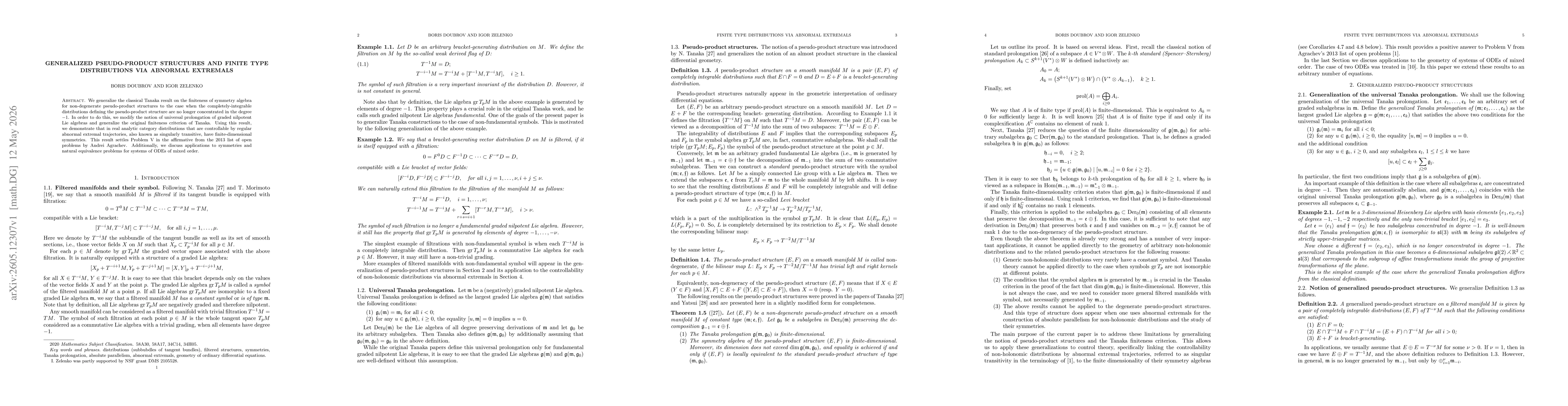 Thumbnail for Generalized pseudo-product structures and finite type distributions via abnormal extremals