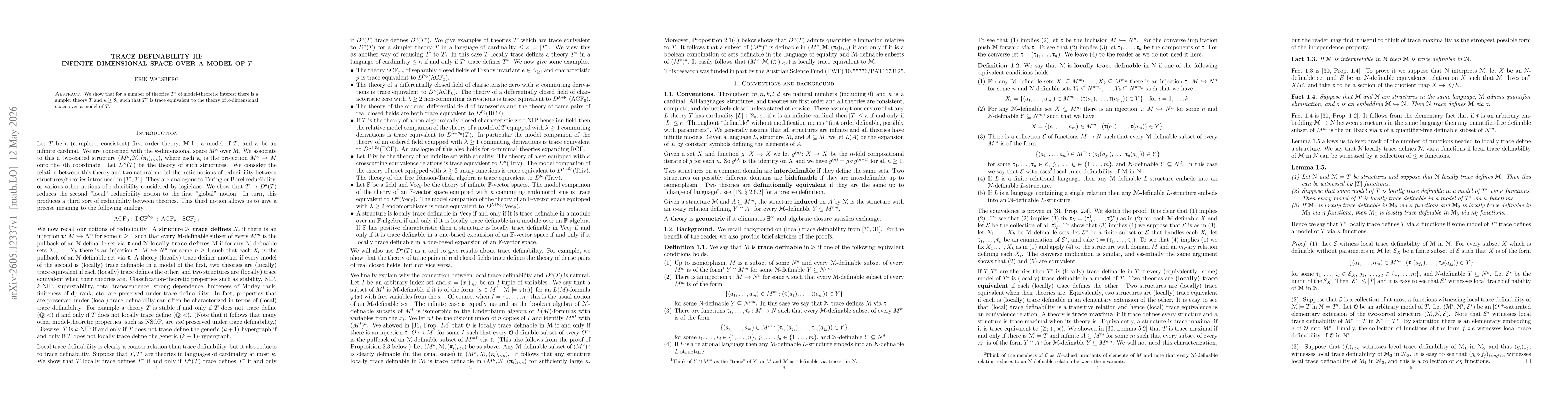 Thumbnail for Trace definability III: Infinite dimensional space over a model of $T$