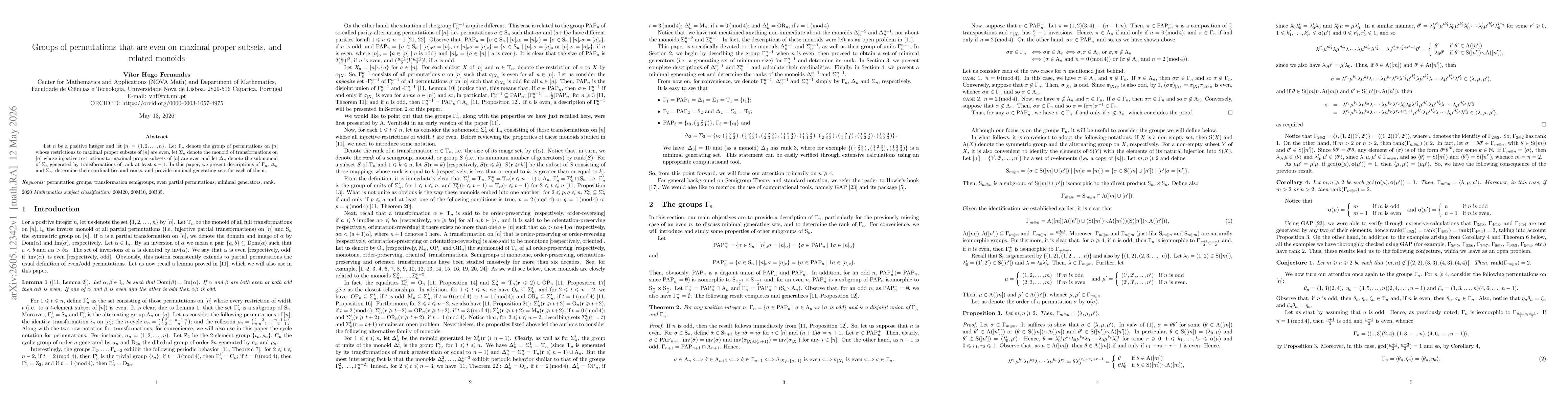 Thumbnail for Groups of permutations that are even on maximal proper subsets, and related monoids