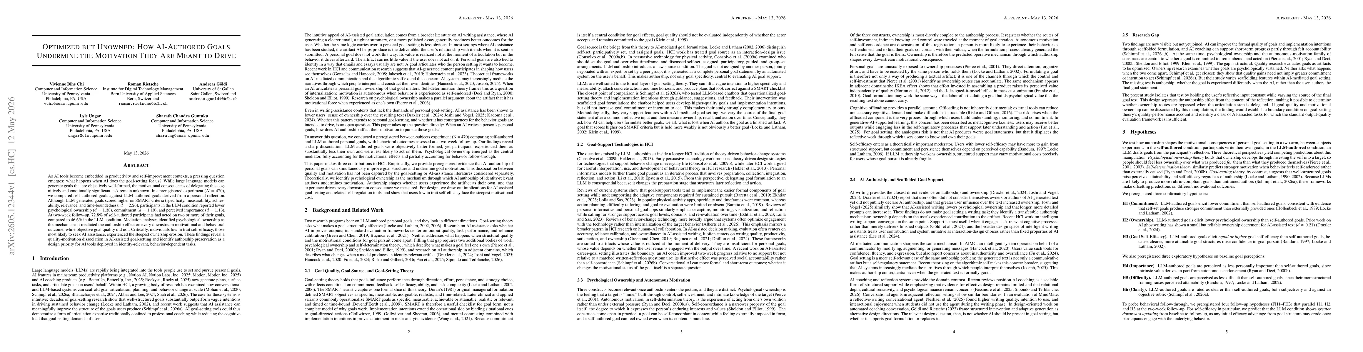 Thumbnail for Optimized but Unowned: How AI-Authored Goals Undermine the Motivation They Are Meant to Drive