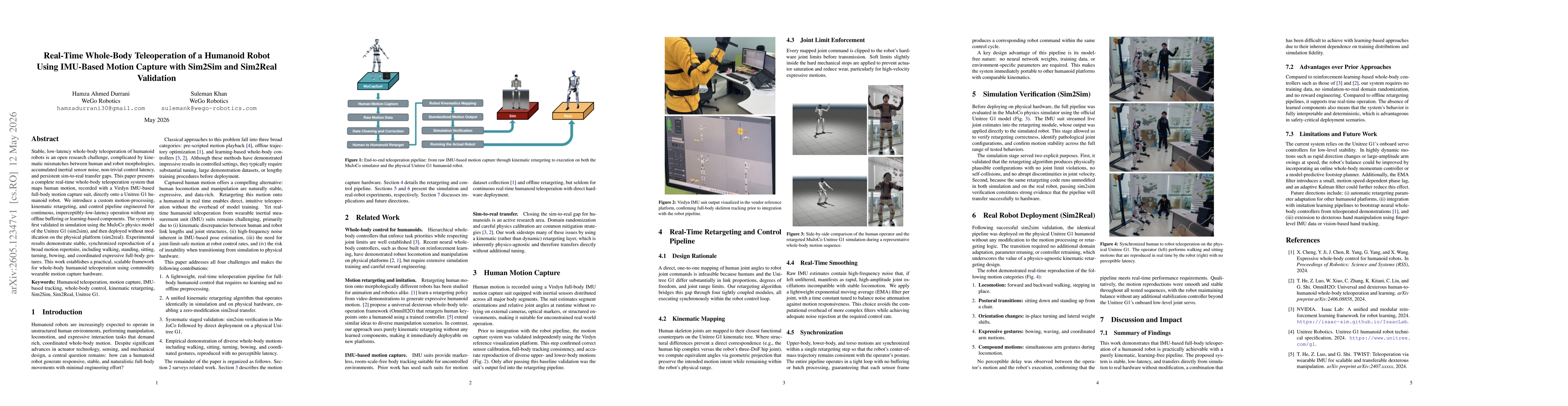 Thumbnail for Real-Time Whole-Body Teleoperation of a Humanoid Robot Using IMU-Based Motion Capture with Sim2Sim and Sim2Real Validation